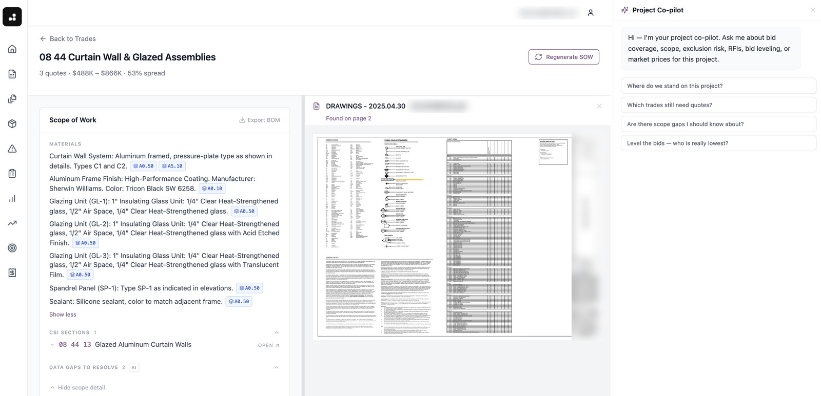 Bidblox extracting a scope of work with clickable spec and drawing citations, shown beside the source drawing